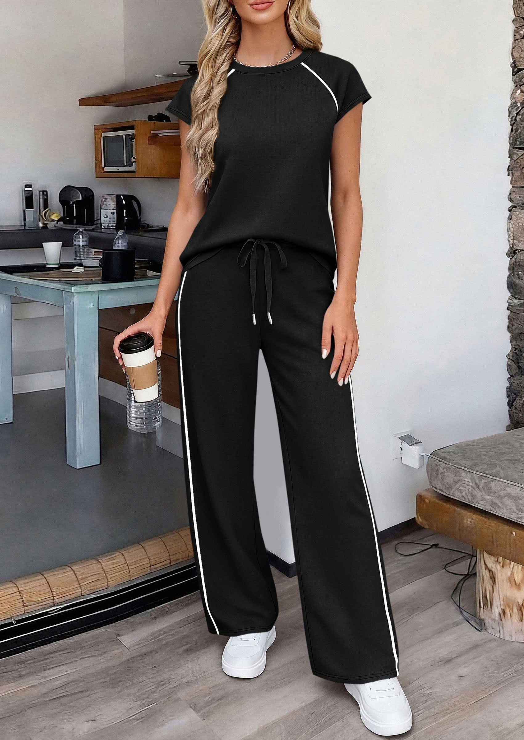 Osonn Women's 2 Piece Lounge Sets Summer Cap Sleeve Tops Wide Leg Pants Travel Outfits Matching Fashion Clothing