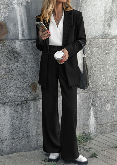 Osonn Women's Fall Two Piece Outfits Dressy Blazer Jacket and Wide Leg Pants Pockets Business Casual Office Suit Sets