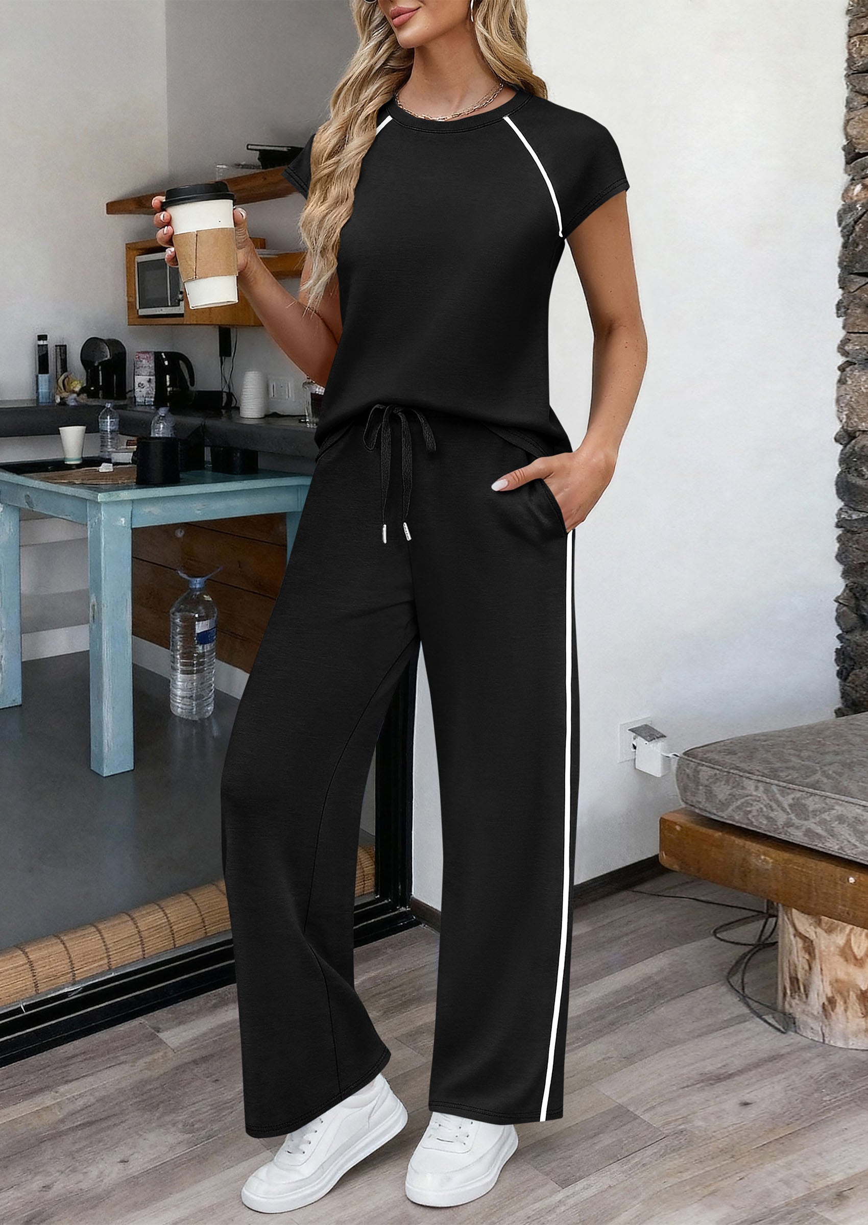 Osonn Women's 2 Piece Lounge Sets Summer Cap Sleeve Tops Wide Leg Pants Travel Outfits Matching Fashion Clothing