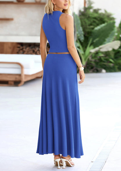 Osonn 2 Piece Maxi Skirt Sets Casual Knit Cropped Tank Top High Waisted Long Skirts Outfit