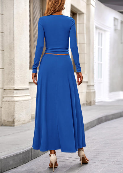 Osonn 2 Piece Casual Ribbed Knit Long Sleeve Crop Tops Maxi Flowy Skirts Matching Sets