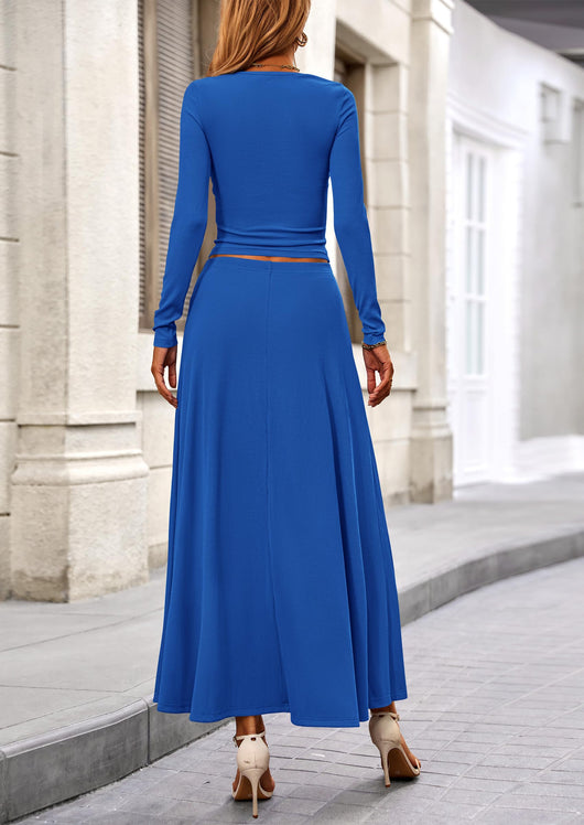 Osonn 2 Piece Casual Ribbed Knit Long Sleeve Crop Tops Maxi Flowy Skirts Matching Sets