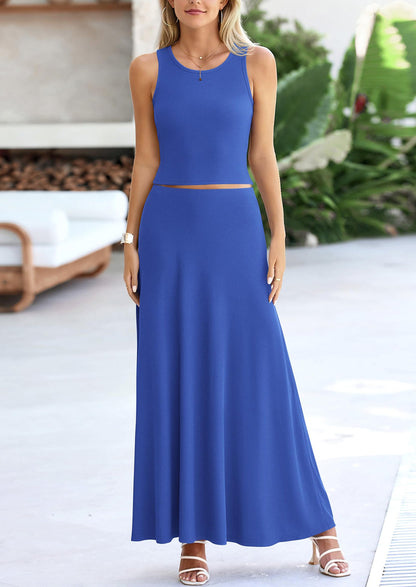 Osonn 2 Piece Maxi Skirt Sets Casual Knit Cropped Tank Top High Waisted Long Skirts Outfit