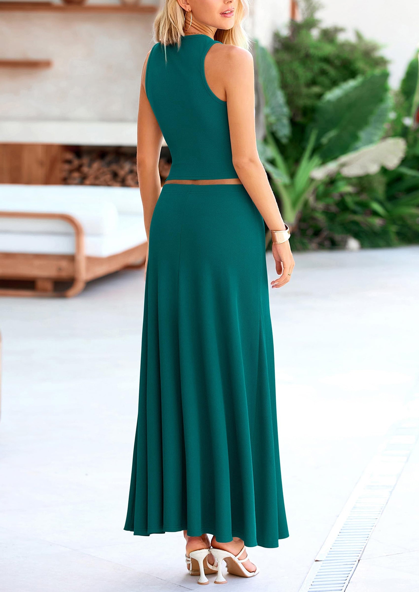 Osonn 2 Piece Maxi Skirt Sets Casual Knit Cropped Tank Top High Waisted Long Skirts Outfit