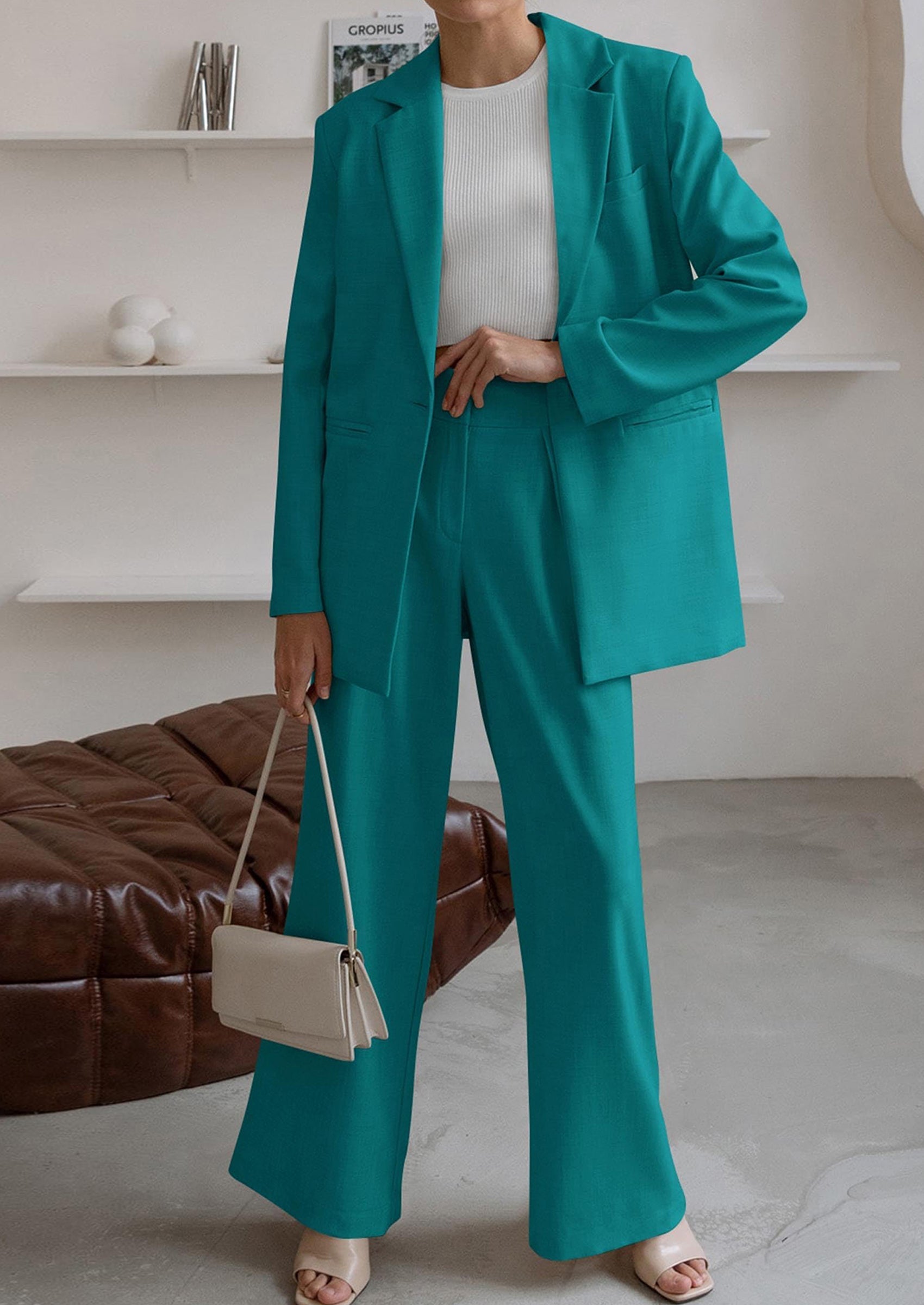 Osonn Women's Fall Two Piece Outfits Dressy Blazer Jacket and Wide Leg Pants Pockets Business Casual Office Suit Sets