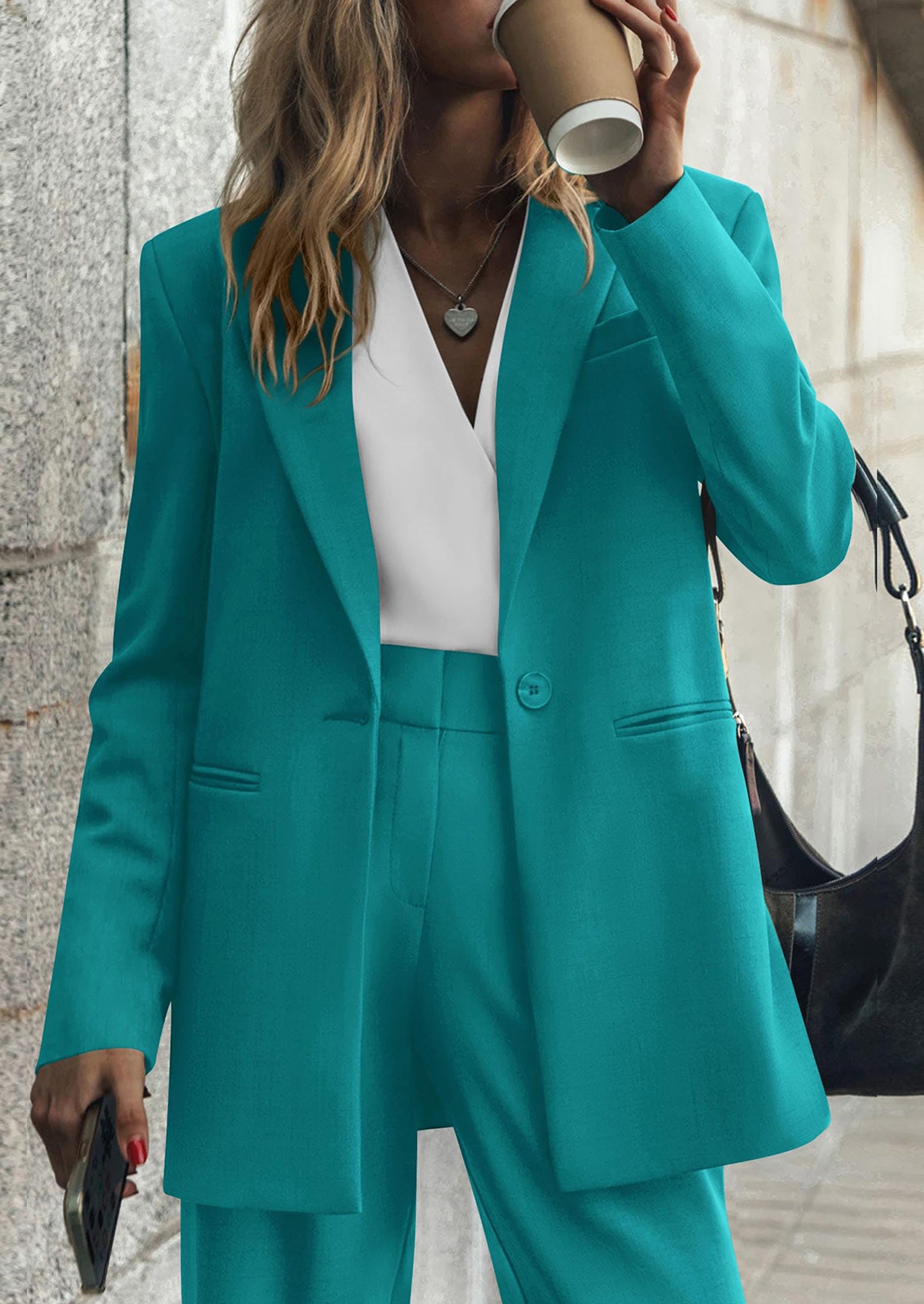 Osonn Women's Fall Two Piece Outfits Dressy Blazer Jacket and Wide Leg Pants Pockets Business Casual Office Suit Sets