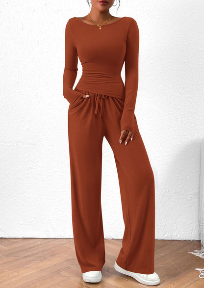 Osonn Women's 2 Piece Lounge Sets Asymmetrical Long Sleeve T Shirt Wide Leg Pants Casual Outfits Tracksuit