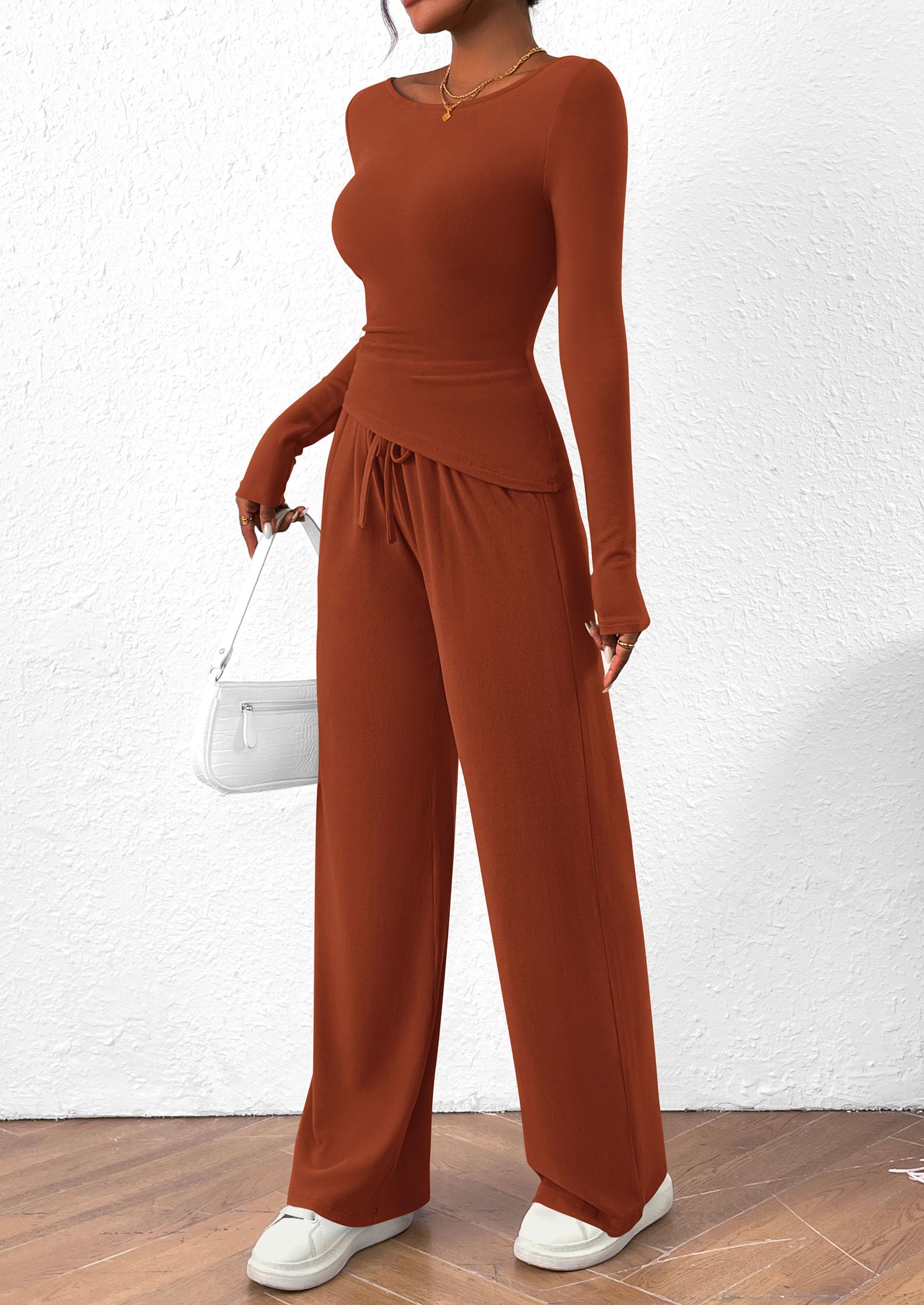 Osonn Women's 2 Piece Lounge Sets Asymmetrical Long Sleeve T Shirt Wide Leg Pants Casual Outfits Tracksuit