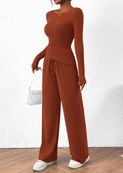 Osonn Women's 2 Piece Lounge Sets Asymmetrical Long Sleeve T Shirt Wide Leg Pants Casual Outfits Tracksuit