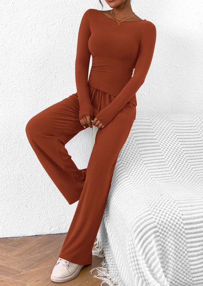 Osonn Women's 2 Piece Lounge Sets Asymmetrical Long Sleeve T Shirt Wide Leg Pants Casual Outfits Tracksuit