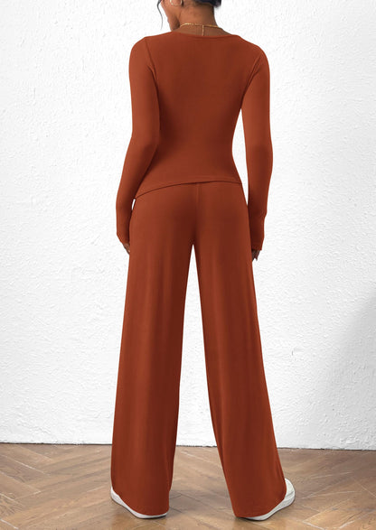 Osonn Women's 2 Piece Lounge Sets Asymmetrical Long Sleeve T Shirt Wide Leg Pants Casual Outfits Tracksuit