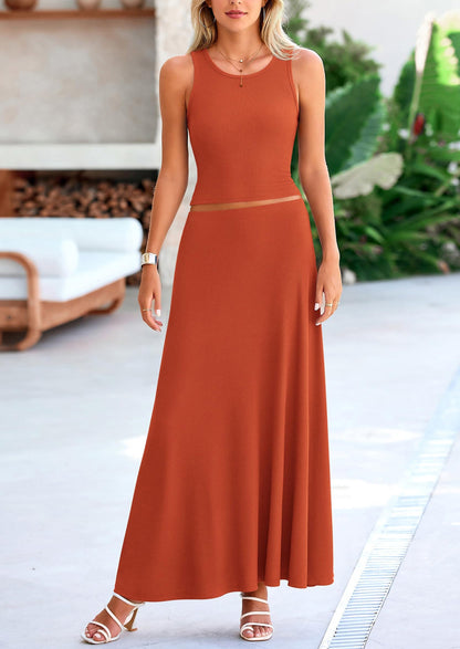 Osonn 2 Piece Maxi Skirt Sets Casual Knit Cropped Tank Top High Waisted Long Skirts Outfit