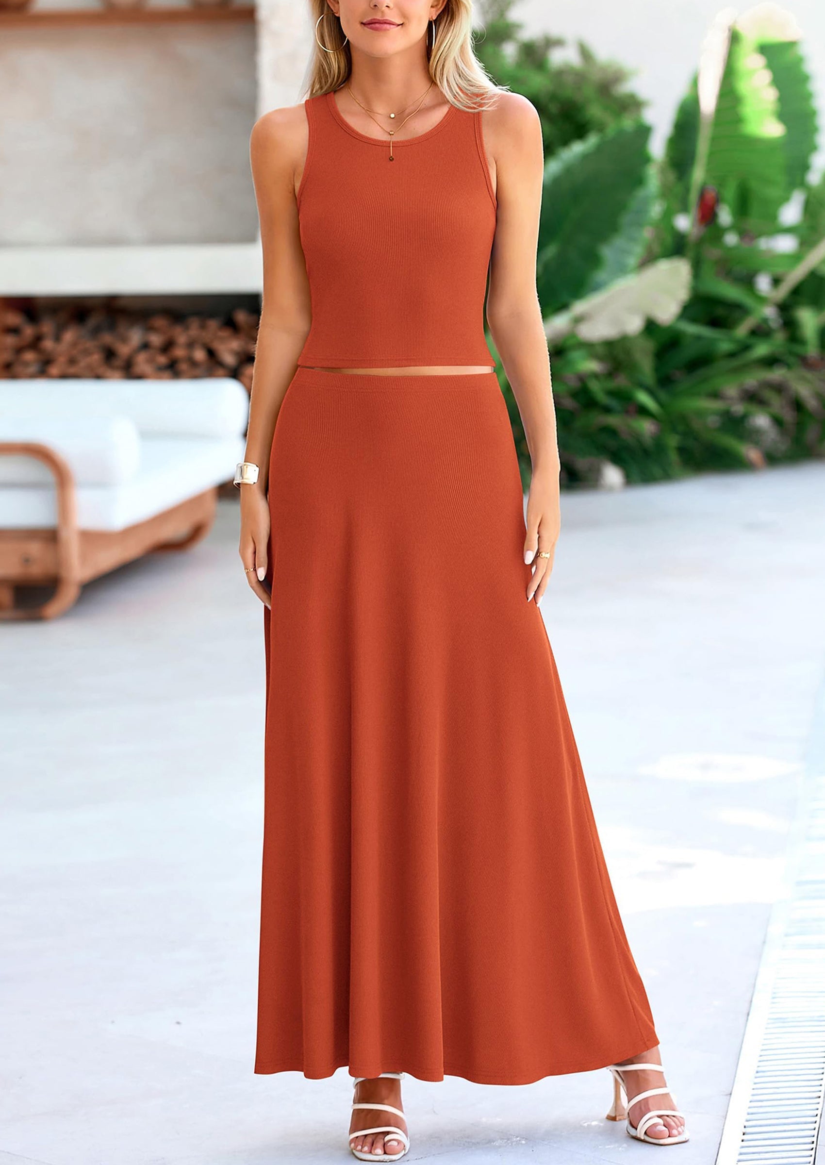 Osonn 2 Piece Maxi Skirt Sets Casual Knit Cropped Tank Top High Waisted Long Skirts Outfit