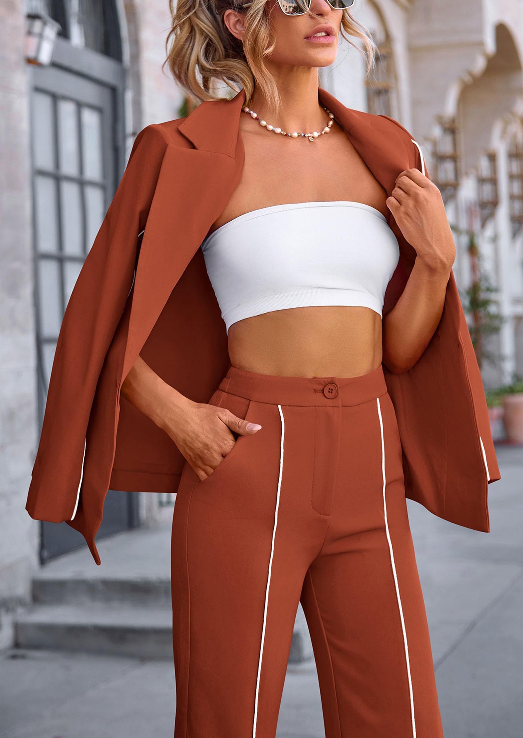 Osonn 2 Piece Blazer Outfits Business Casual Oversized Jacket Wide Leg Work Pants Dressy Suit Set