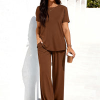 Osonn Summer Lounge Sets for Women 2 Piece Short Sleeve Crewneck Cute Tops and Wide Leg Pants with Pockets Pj Set