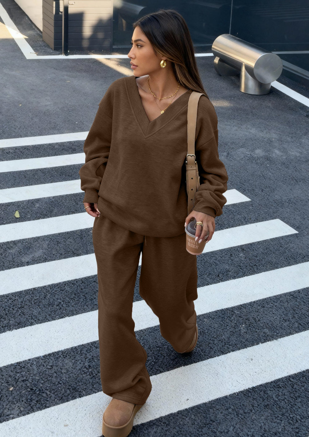 Osonn Casual Winter Two Piece Sets for Women V Neck Sweatshirt Loose Wide Leg Pants Tracksuit Knit Fall Outfits