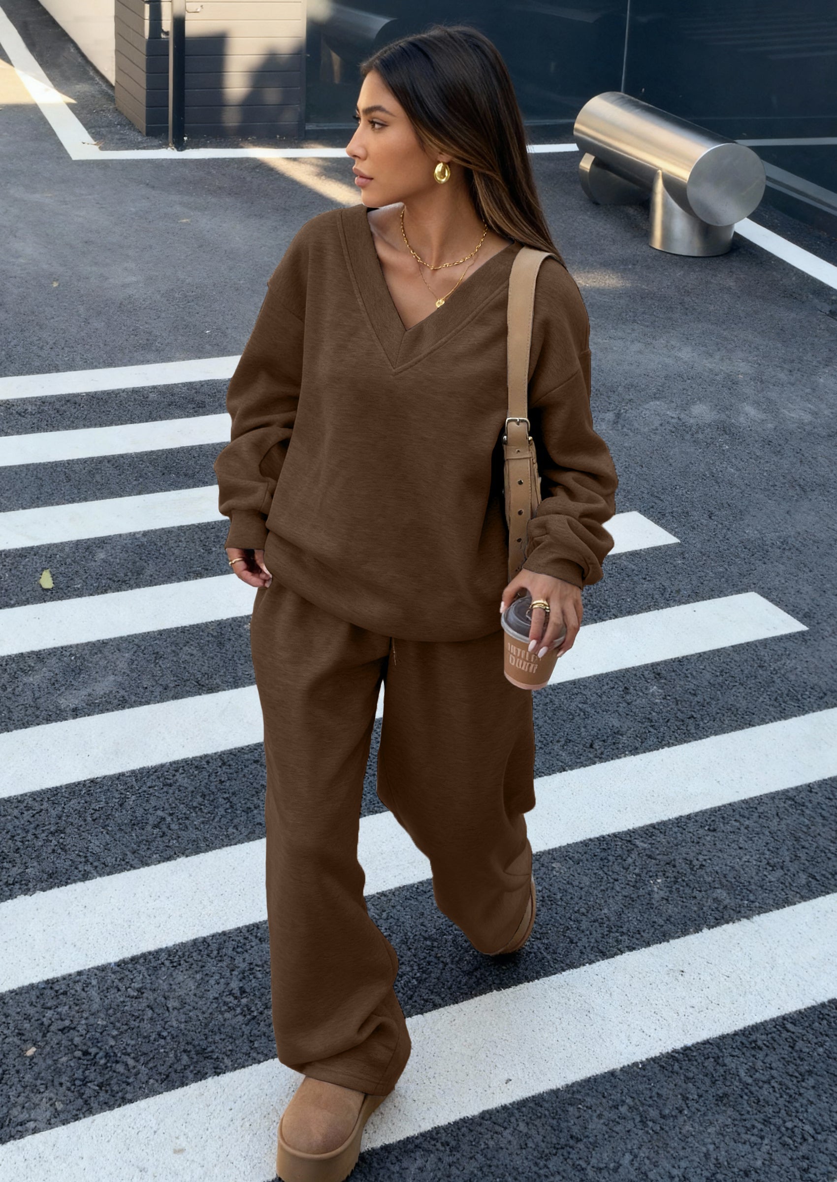 Osonn Casual Winter Two Piece Sets for Women V Neck Sweatshirt Loose Wide Leg Pants Tracksuit Knit Fall Outfits
