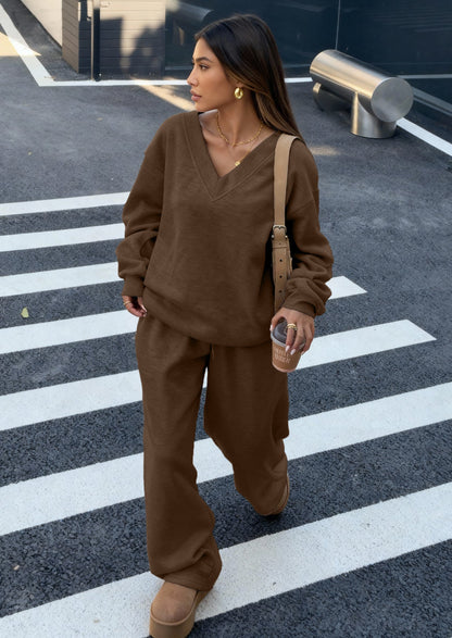 Osonn Casual Winter Two Piece Sets for Women V Neck Sweatshirt Loose Wide Leg Pants Tracksuit Knit Fall Outfits