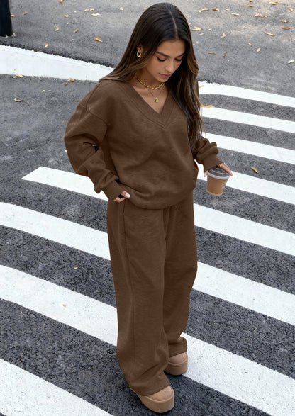 Osonn Casual Winter Two Piece Sets for Women V Neck Sweatshirt Loose Wide Leg Pants Tracksuit Knit Fall Outfits