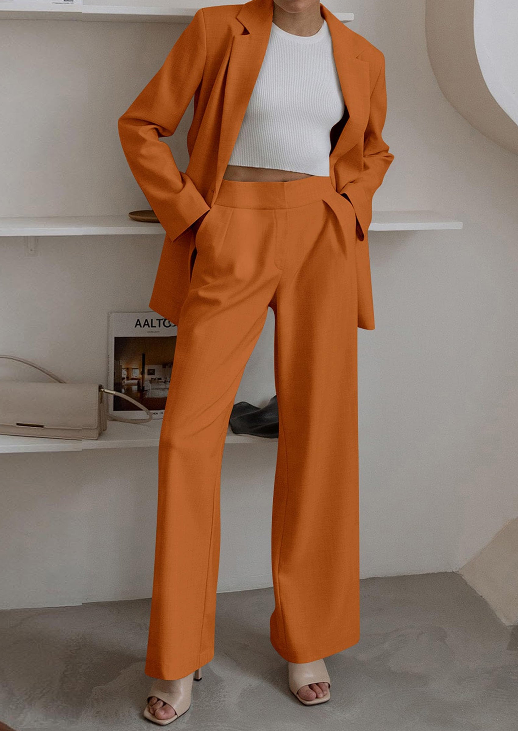 Osonn Women's Fall Two Piece Outfits Dressy Blazer Jacket and Wide Leg Pants Pockets Business Casual Office Suit Sets