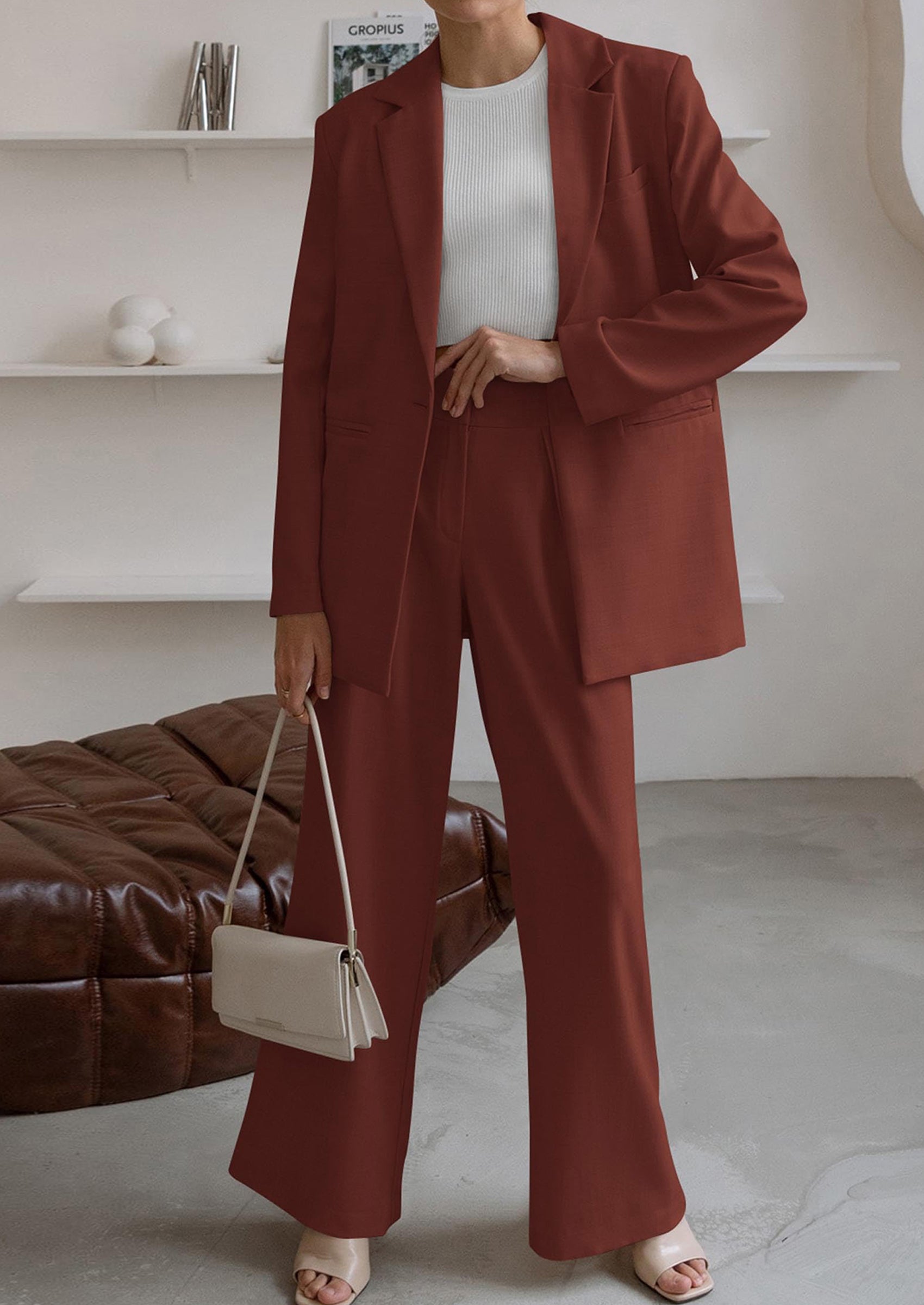 Osonn Women's Fall Two Piece Outfits Dressy Blazer Jacket and Wide Leg Pants Pockets Business Casual Office Suit Sets
