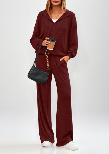 Osonn Women's 2 Piece Fall Lounge Sets Zip Up Hoodie Wide Leg Pants Tracksuit Matching Travel Outfits Clothes