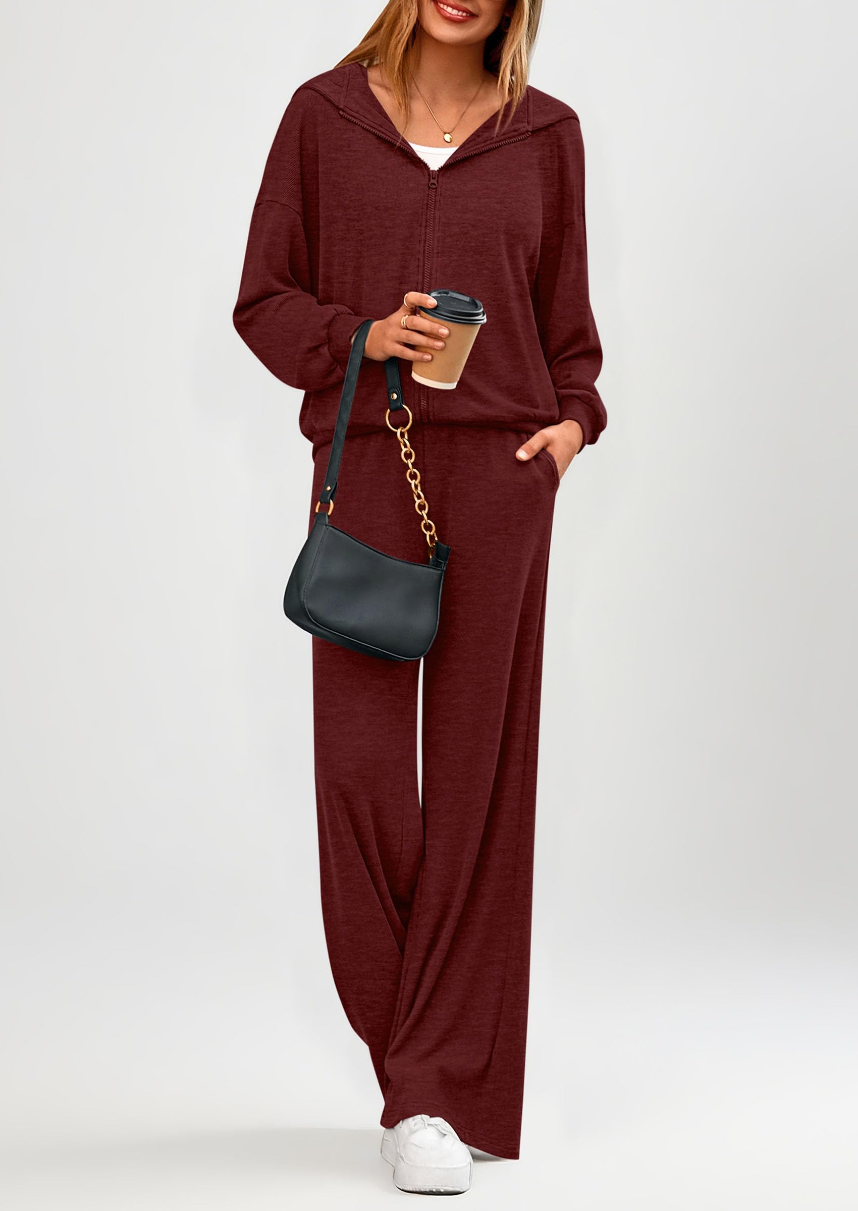 Osonn Women's 2 Piece Fall Lounge Sets Zip Up Hoodie Wide Leg Pants Tracksuit Matching Travel Outfits Clothes