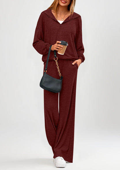 Osonn Women's 2 Piece Fall Lounge Sets Zip Up Hoodie Wide Leg Pants Tracksuit Matching Travel Outfits Clothes