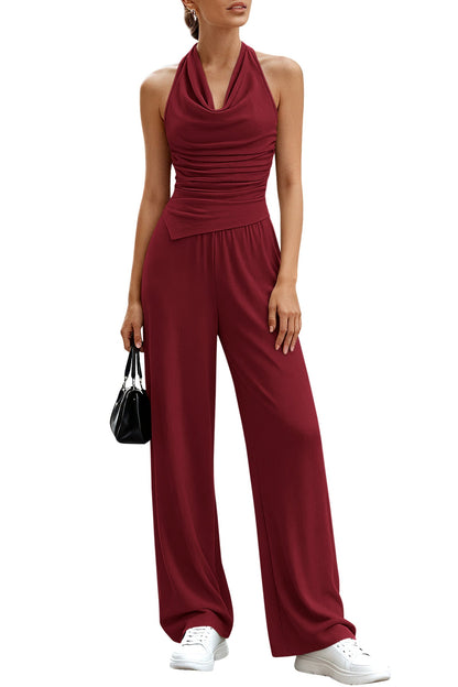 Osonn Women 2 Piece Lounge Sets Spring Fashion Halter Top Wide Leg Pants Summer Outfits Beach Vacation Clothes