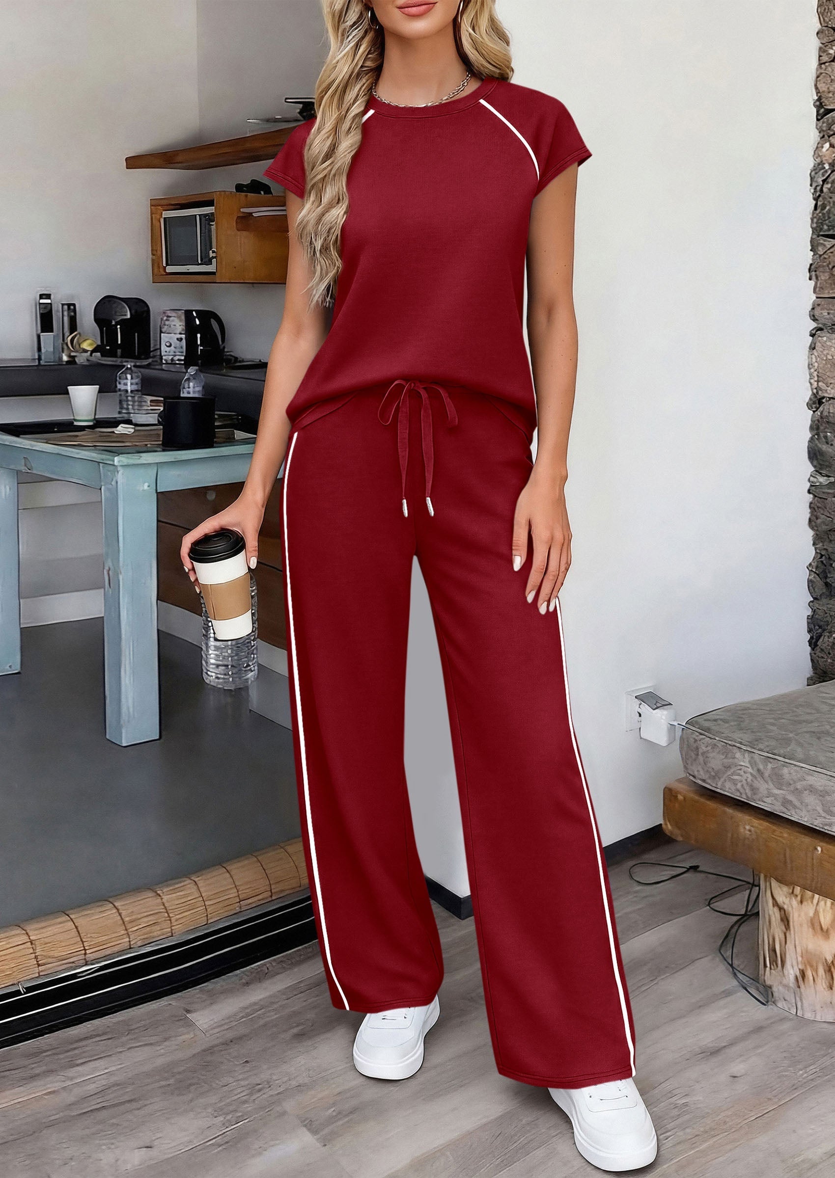 Osonn Women's 2 Piece Lounge Sets Summer Cap Sleeve Tops Wide Leg Pants Travel Outfits Matching Fashion Clothing