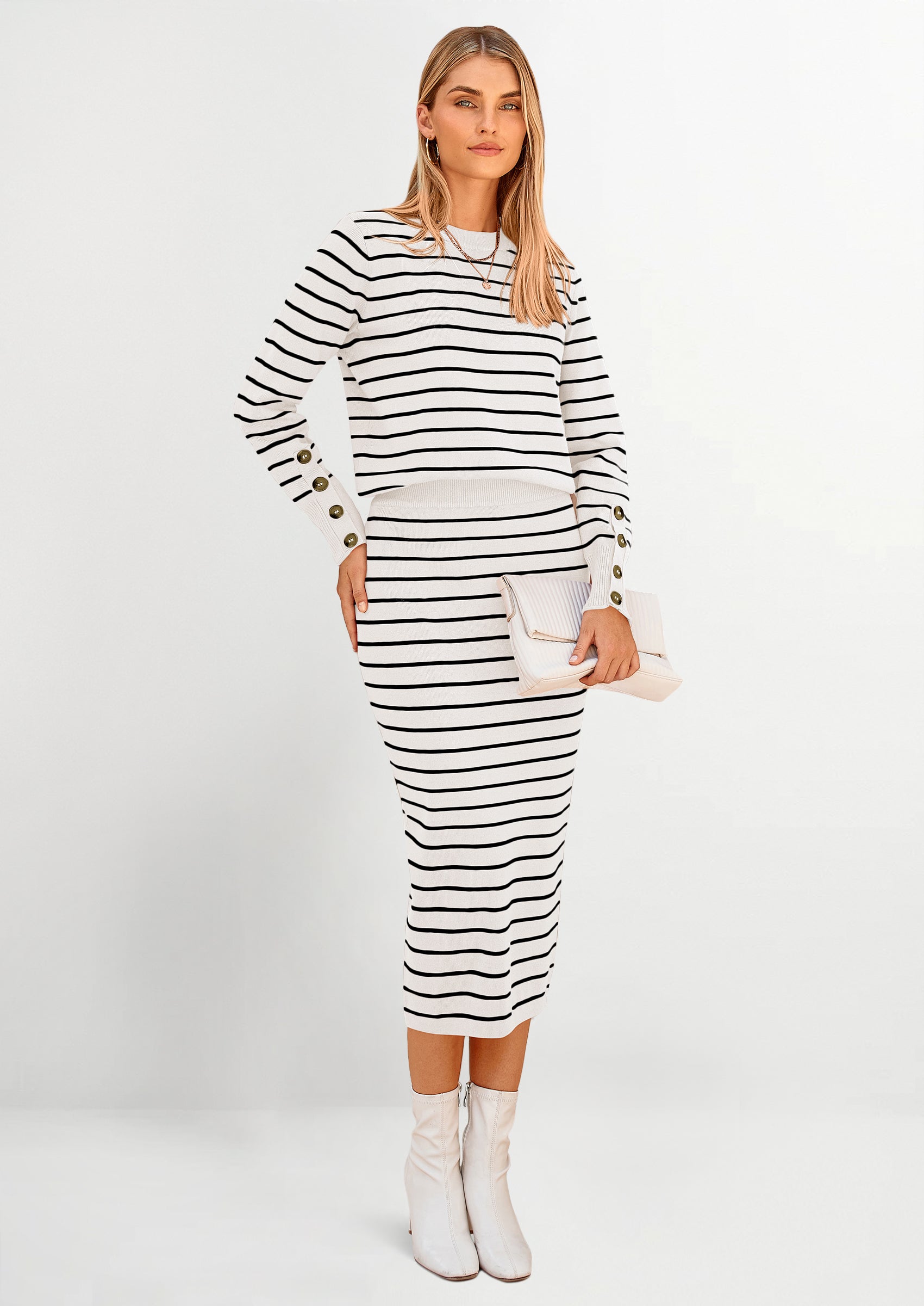 Osonn 2 Piece Skirts Sets For Women Fall Fashion Striped Sweater Dress Knit Lounge Travel Outfits Winter Clothing