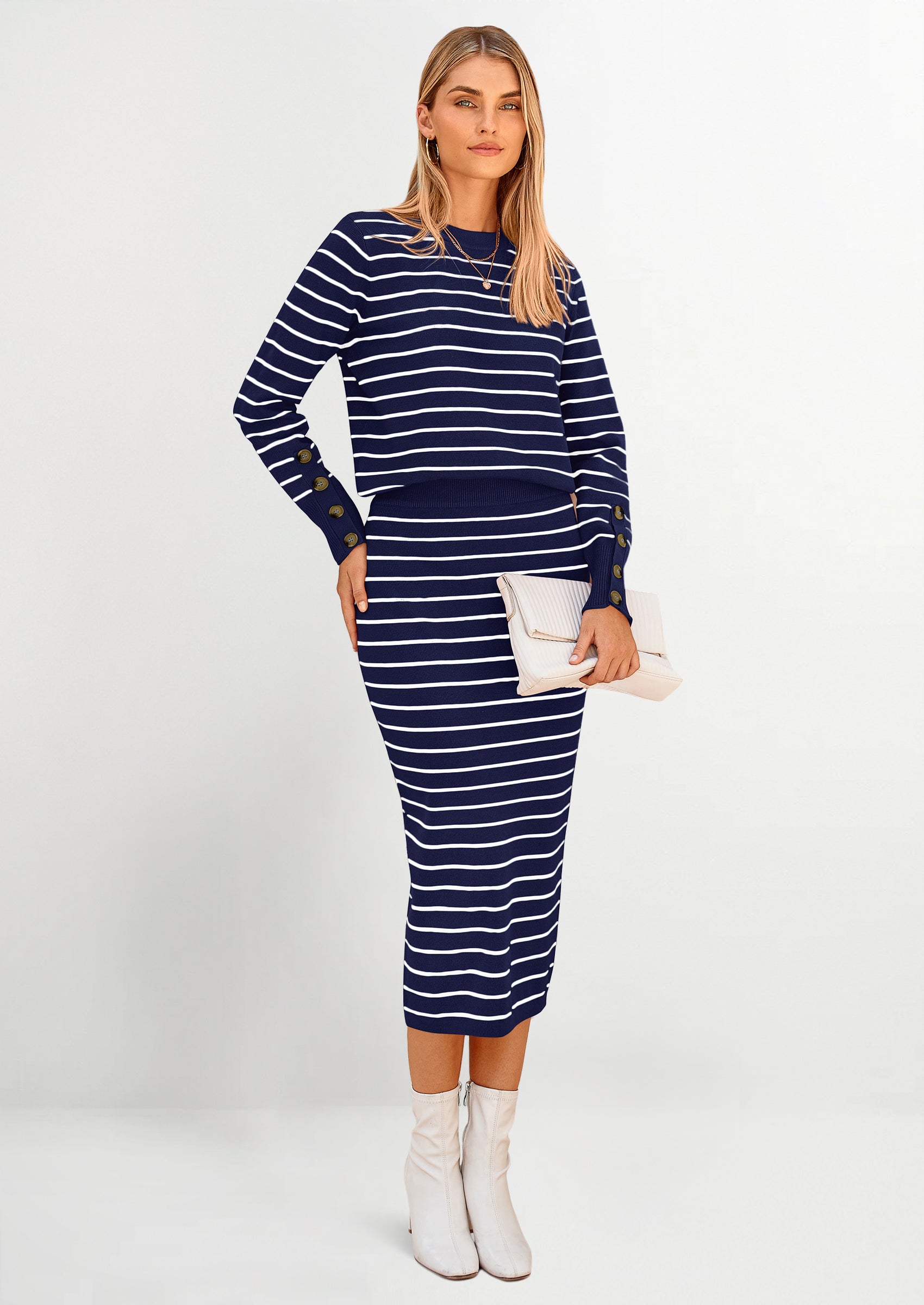 Osonn 2 Piece Skirts Sets For Women Fall Fashion Striped Sweater Dress Knit Lounge Travel Outfits Winter Clothing
