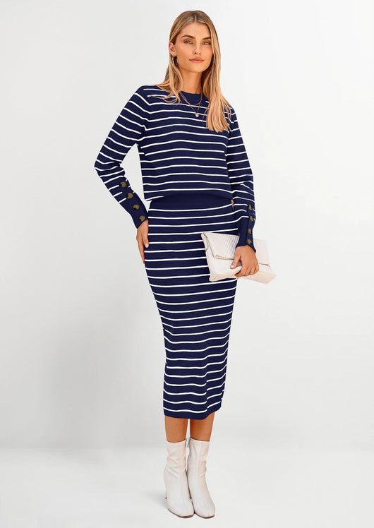 Osonn 2 Piece Skirts Sets For Women Fall Fashion Striped Sweater Dress Knit Lounge Travel Outfits Winter Clothing