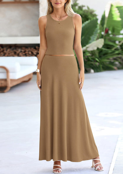 Osonn 2 Piece Maxi Skirt Sets Casual Knit Cropped Tank Top High Waisted Long Skirts Outfit