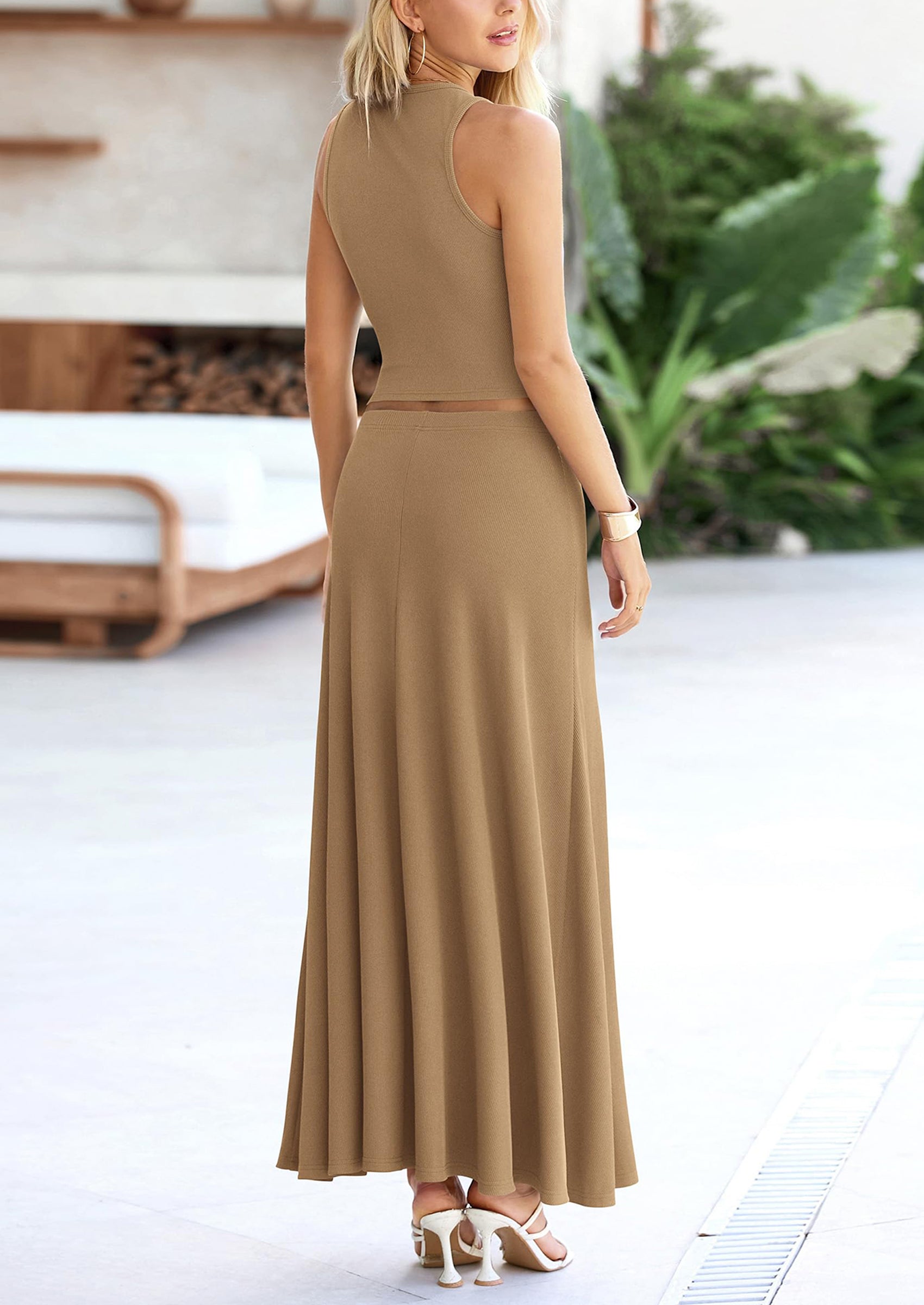 Osonn 2 Piece Maxi Skirt Sets Casual Knit Cropped Tank Top High Waisted Long Skirts Outfit