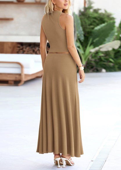 Osonn 2 Piece Maxi Skirt Sets Casual Knit Cropped Tank Top High Waisted Long Skirts Outfit