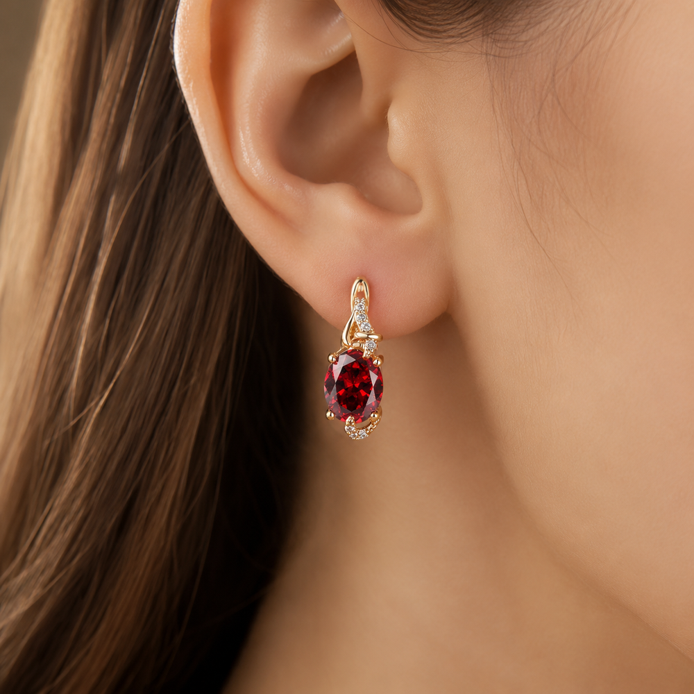 Gold Ruby Oval Drop Earrings — image 2