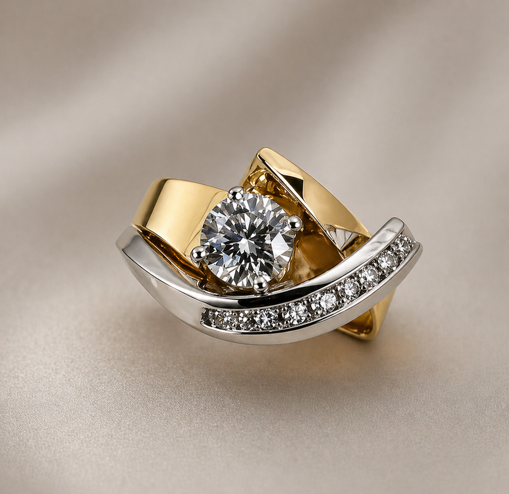 Vintage Irregular Gold Silver Zirconia Ring — image 2