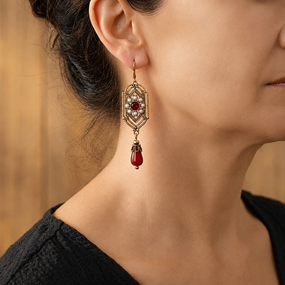 Gold Garnet & Pearl Drop Earrings — image 2