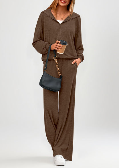 Osonn Women's 2 Piece Fall Lounge Sets Zip Up Hoodie Wide Leg Pants Tracksuit Matching Travel Outfits Clothes