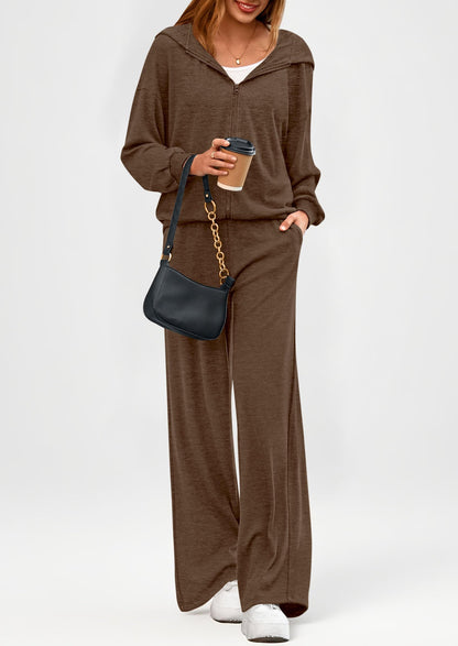 Osonn Women's 2 Piece Fall Lounge Sets Zip Up Hoodie Wide Leg Pants Tracksuit Matching Travel Outfits Clothes