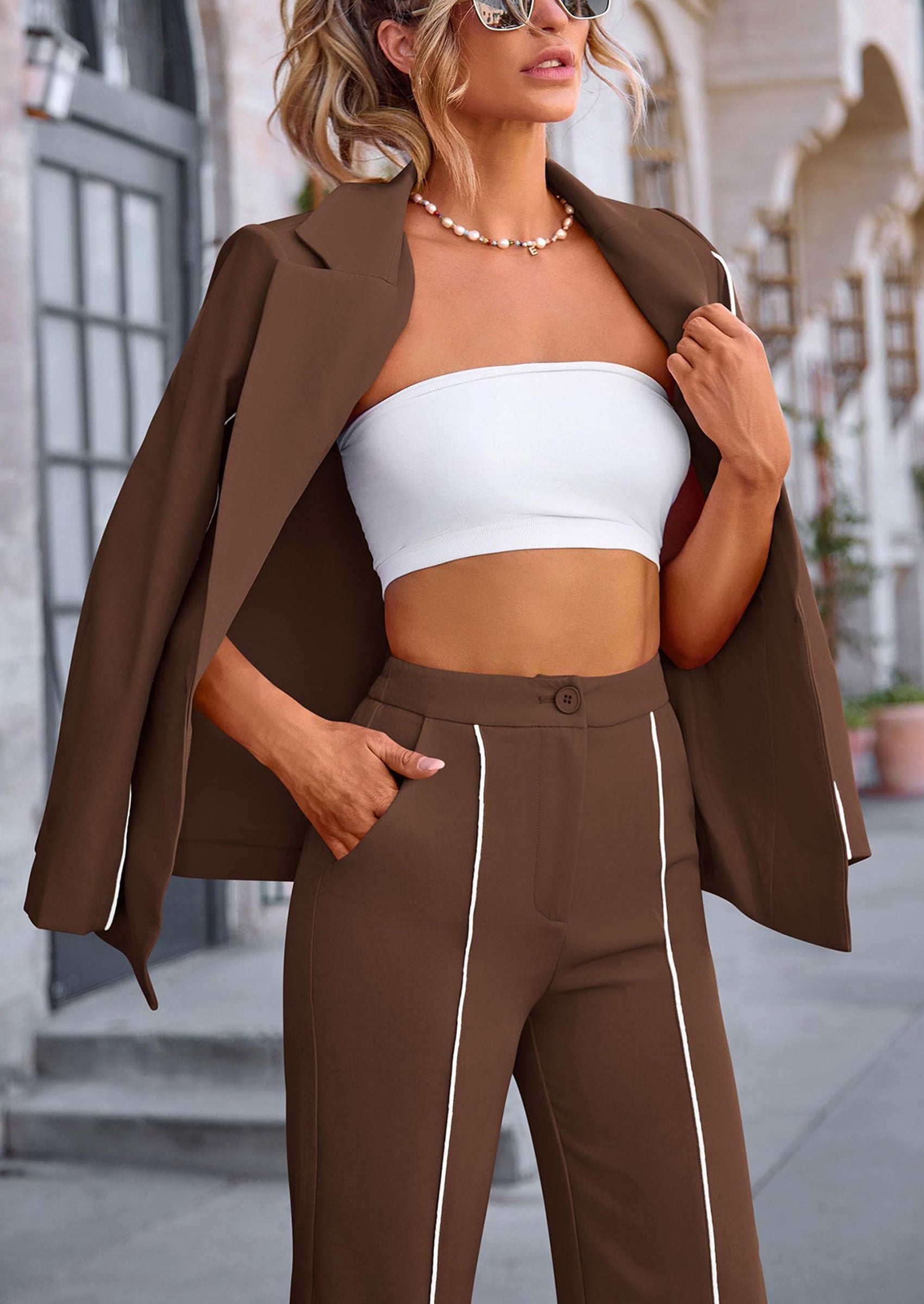 Osonn 2 Piece Blazer Outfits Business Casual Oversized Jacket Wide Leg Work Pants Dressy Suit Set
