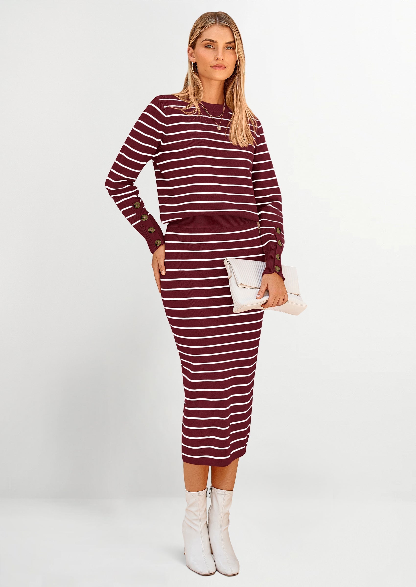 Osonn 2 Piece Skirts Sets For Women Fall Fashion Striped Sweater Dress Knit Lounge Travel Outfits Winter Clothing