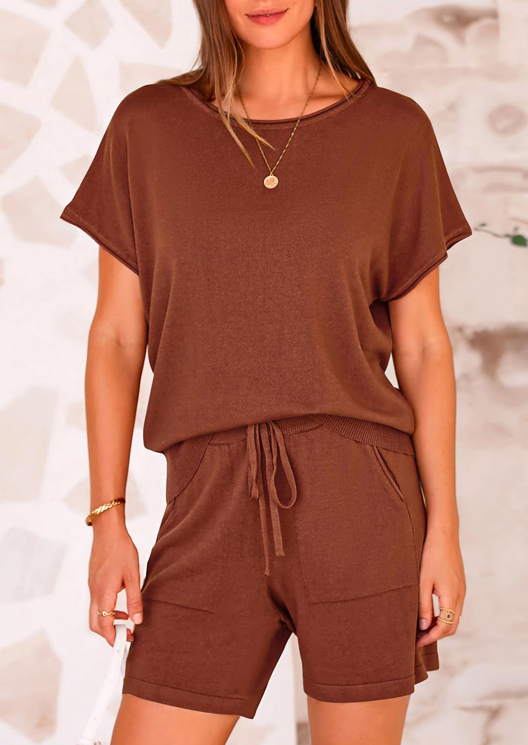 Osonn Two Piece Set for Women Summer Lounge Sets Shorts And Short Sleeve Tops Knitted Matching Travel Spring Outfits