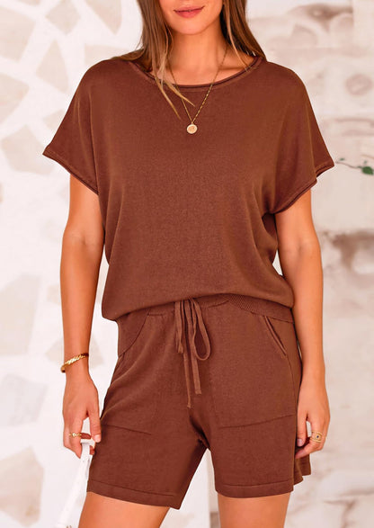 Osonn Two Piece Set for Women Summer Lounge Sets Shorts And Short Sleeve Tops Knitted Matching Travel Spring Outfits