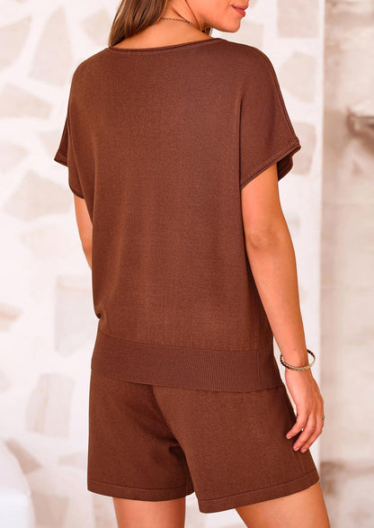 Osonn Two Piece Set for Women Summer Lounge Sets Shorts And Short Sleeve Tops Knitted Matching Travel Spring Outfits