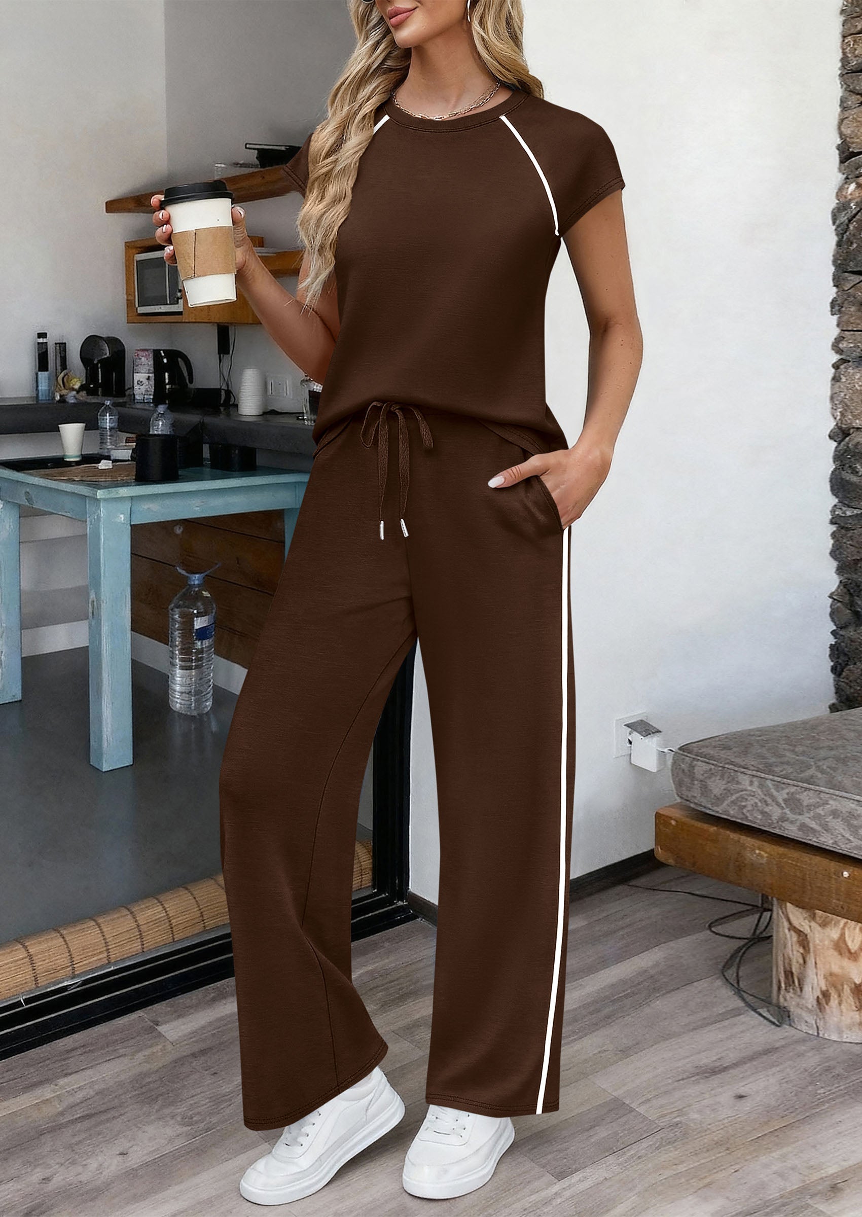 Osonn Women's 2 Piece Lounge Sets Summer Cap Sleeve Tops Wide Leg Pants Travel Outfits Matching Fashion Clothing