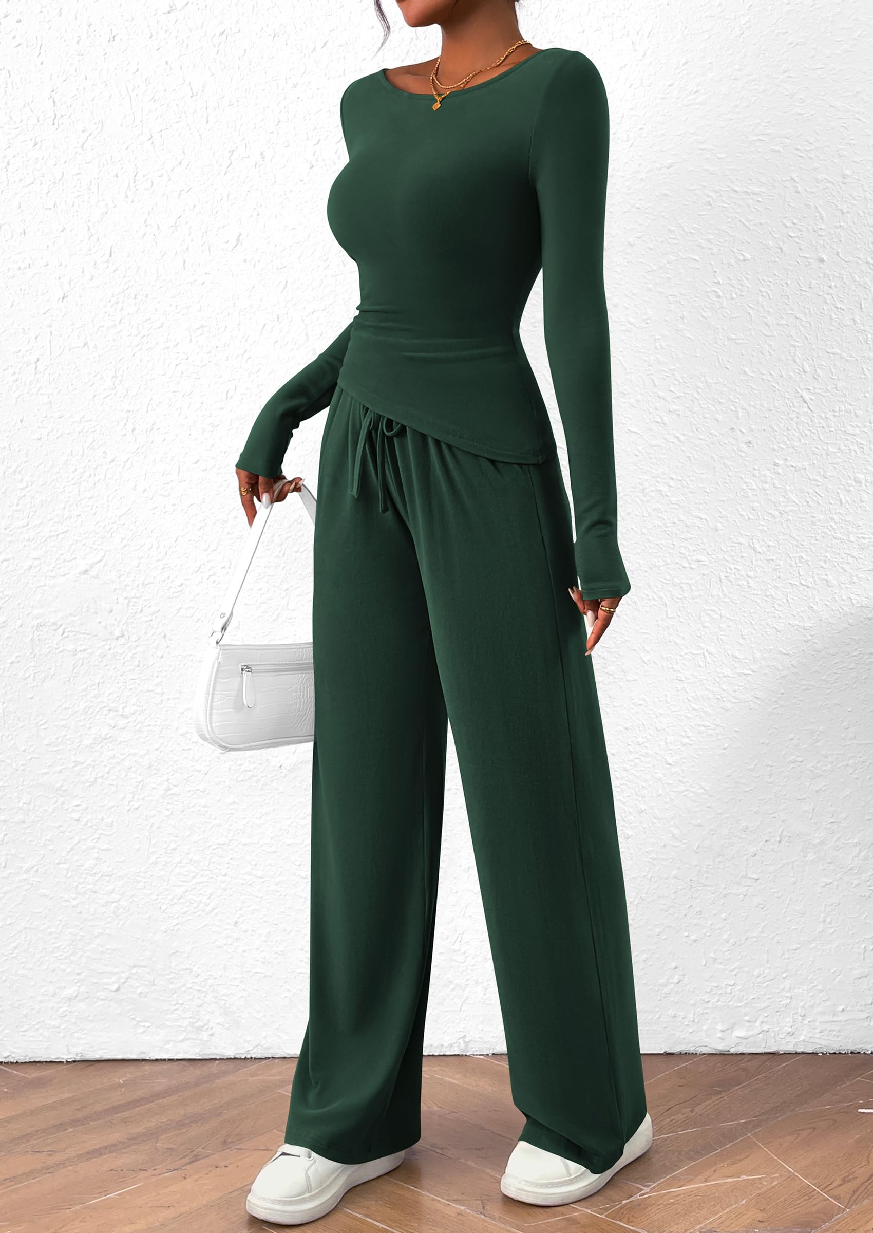 Osonn Women's 2 Piece Lounge Sets Asymmetrical Long Sleeve T Shirt Wide Leg Pants Casual Outfits Tracksuit