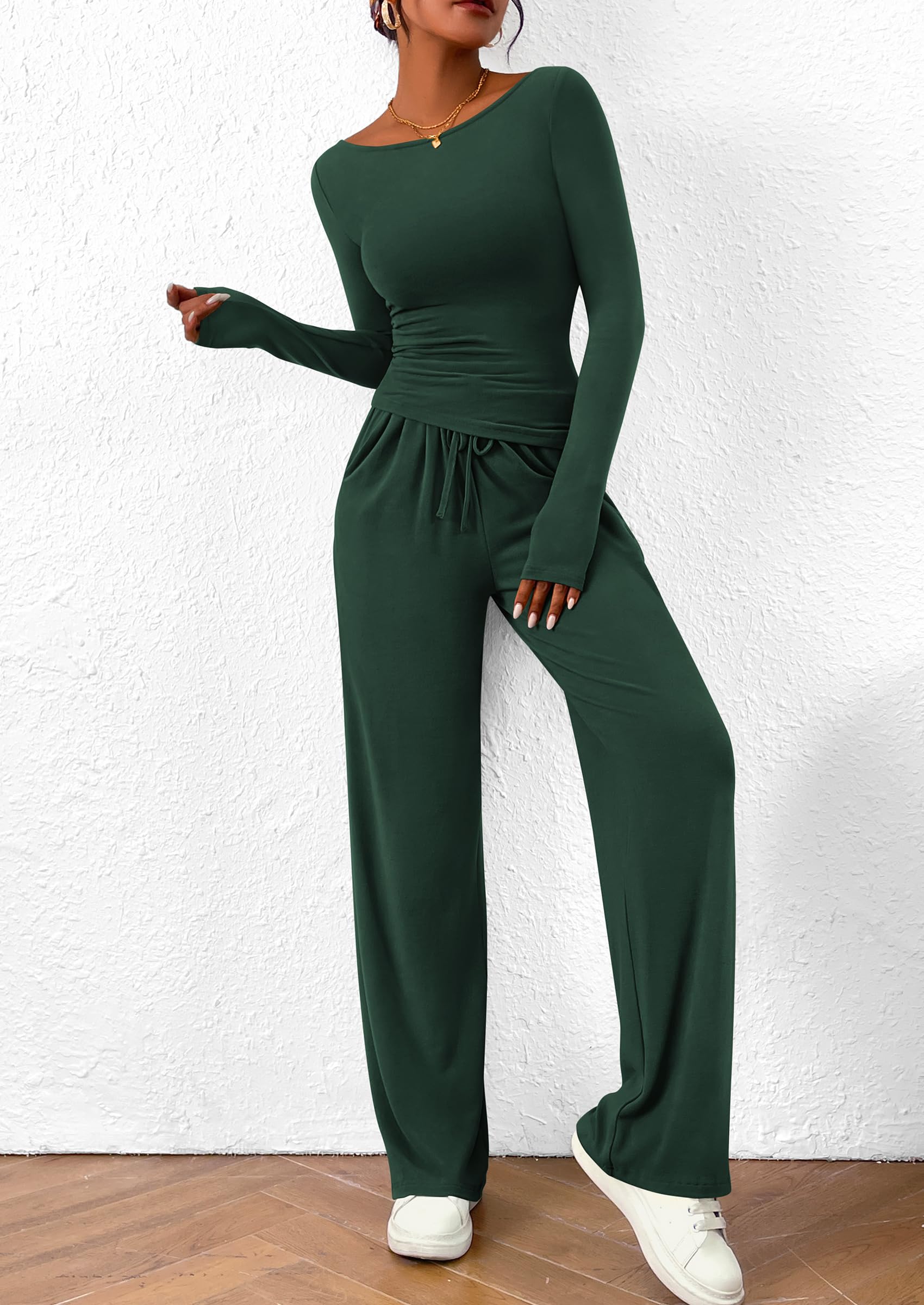 Osonn Women's 2 Piece Lounge Sets Asymmetrical Long Sleeve T Shirt Wide Leg Pants Casual Outfits Tracksuit