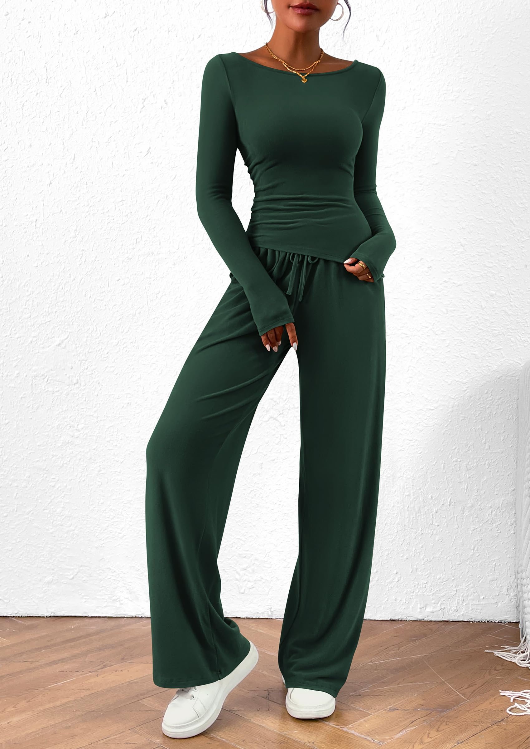 Osonn Women's 2 Piece Lounge Sets Asymmetrical Long Sleeve T Shirt Wide Leg Pants Casual Outfits Tracksuit